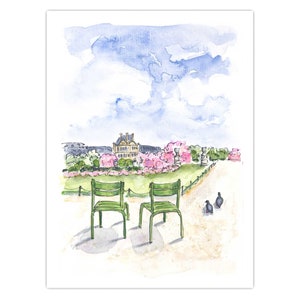 Print: Tuilerieën, je stoelen wachten op je, aquarel van Parijs