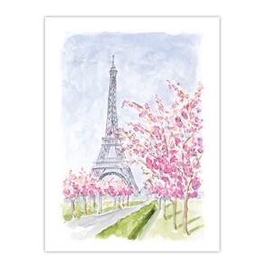 Print: Eiffel Tower, cherry trees, Paris Watercolor