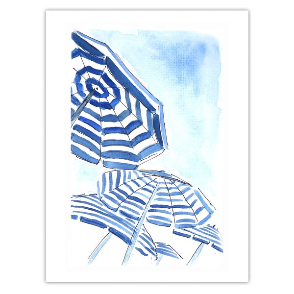Print: Beach umbrella, Nice, France; watercolor
