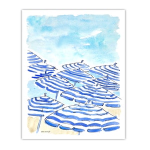 Print: Umbrellas on the beaches of Nice, France; watercolor