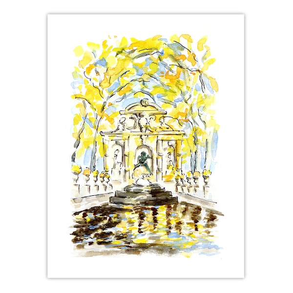 Print: Paris watercolor, Medici Fountain, Autumn