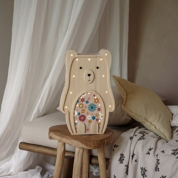 Wooden Teddy Bear Kids Night Light - Nursery lamp, birthday gift, baby shower gift, kids room decoration