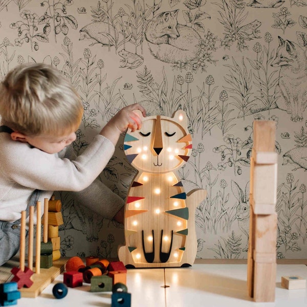 Lampe de table tigre en bois, veilleuse LED, lumière décorative personnalisée pour chambre d'enfant, veilleuse en bois, lampe de chevet de Noël pour enfants