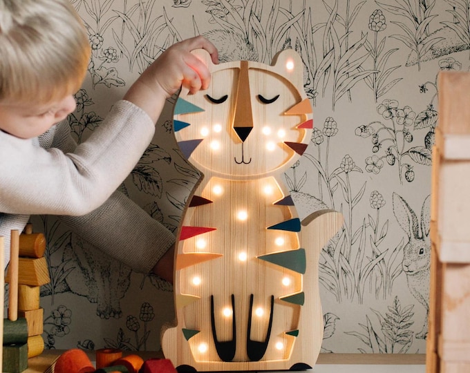 Tiger Wooden Night Light – Handmade LED Kids Room Lamp | Nursery Table Light | Christmas Gifts for Kids | Unique Baby Shower Gift