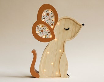 Lampe souris en bois, thème forêt, lampe en bois pour enfants, décoration de chambre d'enfant, cadeau de baby shower, cadeau d'anniversaire de bébé