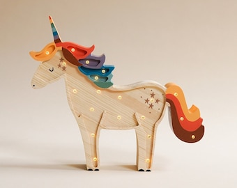 Lampe pour enfants licorne colorée en bois faite main, cadeau d'anniversaire de bébé, cadeau de baby shower, lampe de nuit, Nachtlicht, cadeau de licorne, licorne arc-en-ciel
