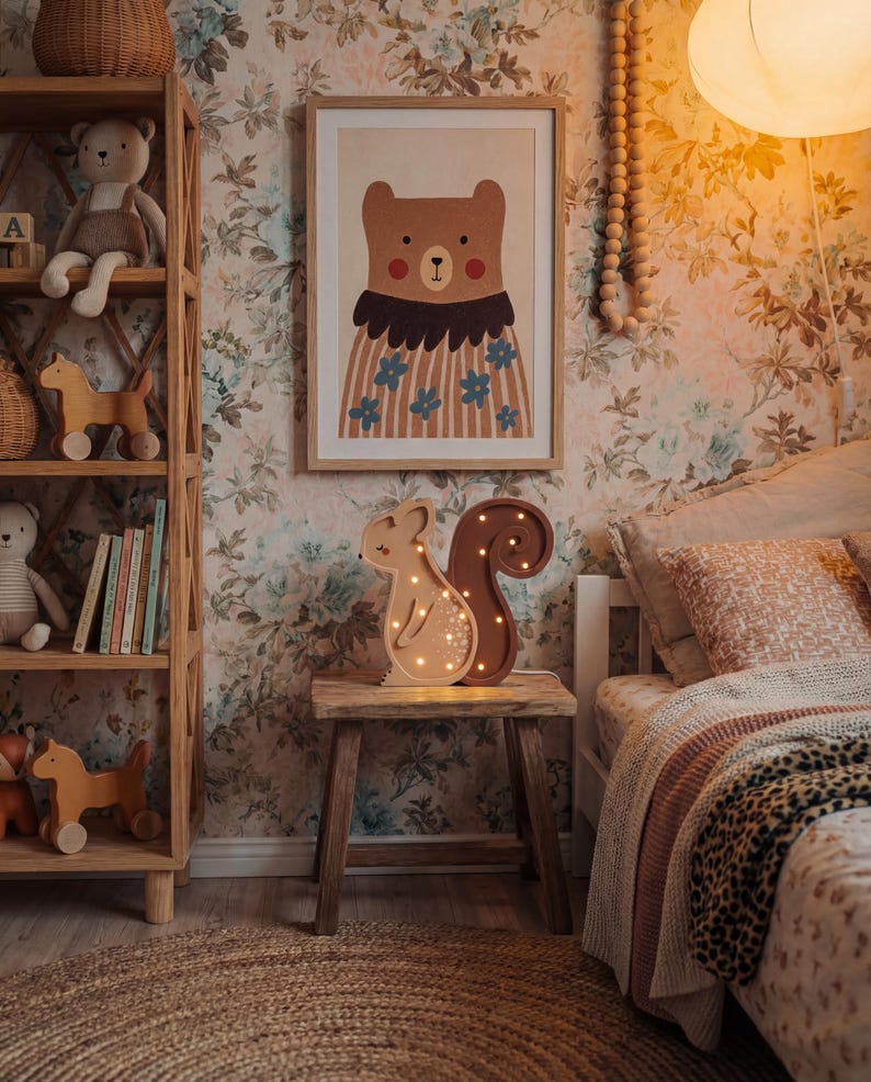 May include: A children's bedroom scene with a wooden bookshelf, a framed bear illustration, and a wooden squirrel-shaped night light. The room has floral wallpaper, a round jute rug, and a bed with a patterned blanket.