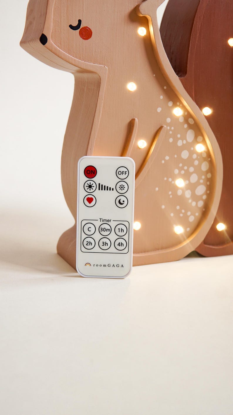 May include: A light brown wooden squirrel-shaped night light with a remote control. The night light has a series of small, warm white lights inside. The remote control has buttons for on/off, brightness, timer, and other settings. The brand name "roomGAGA" is printed on the remote.