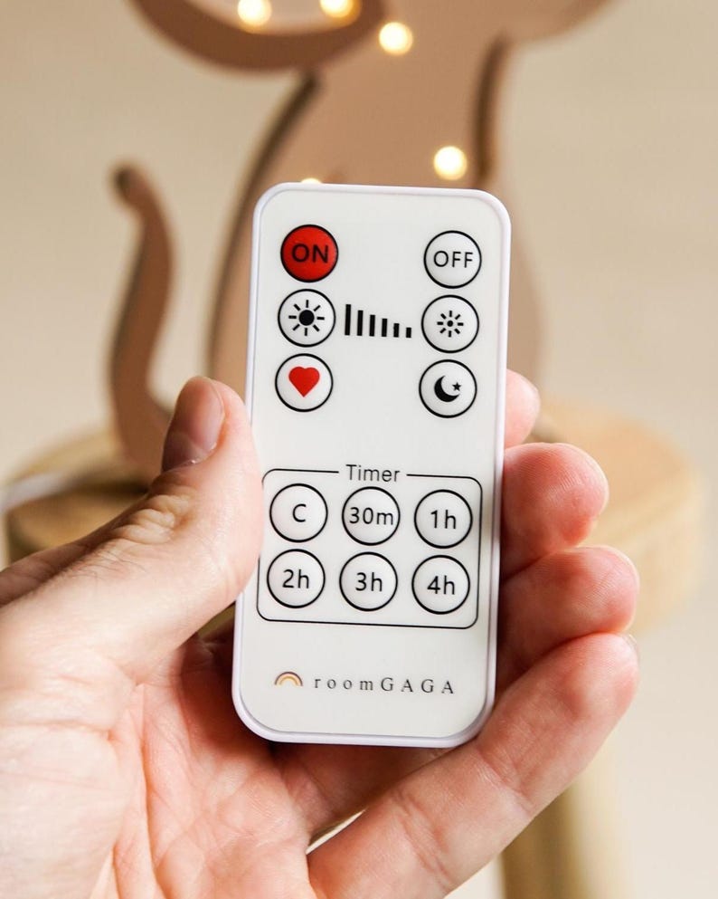 May include: A white remote control with black buttons and icons, including "ON," "OFF," a sun, a heart, and a moon. The remote also has timer settings for 30m, 1h, 2h, 3h, and 4h. The brand name "roomGAGA" is printed at the bottom.