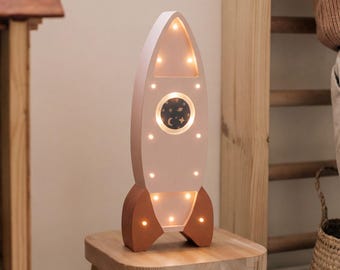 Personalized Wooden Rocket Night Light – Pink Kids Nursery Lamp, Space Baby Room Decor, Handmade Eco Friendly Nightlight Gift