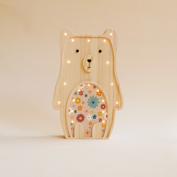 Veilleuse en bois pour enfants avec ours en peluche - Lampe de chambre d'enfant, cadeau d'anniversaire, cadeau de baby shower, décoration de chambre d'enfant