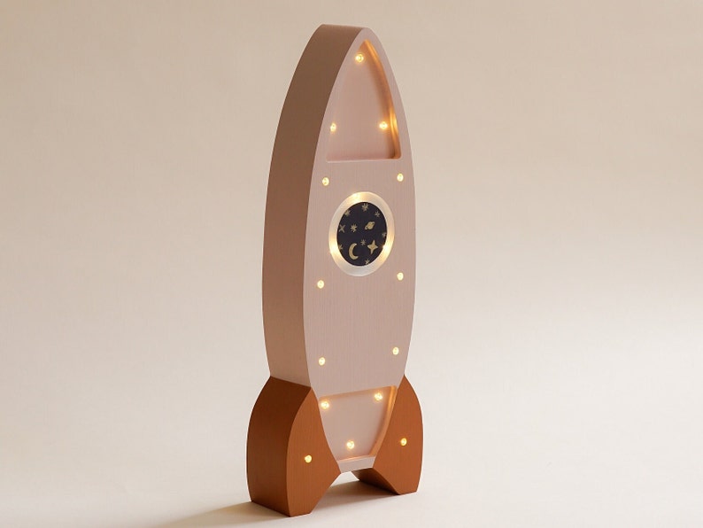 Lampe fusée en bois personnalisée faite main Décoration personnalisée pour chambre d'enfant et chambre d'enfant, lampe rétro, lampe vintage, lampe lune image 1