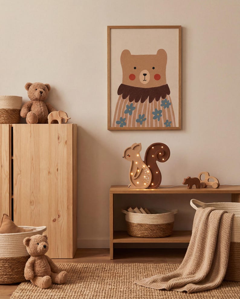 May include: A cozy nursery scene featuring a framed bear illustration, a light-up squirrel, and a teddy bear. Woven baskets, wooden toys, and a soft blanket add to the warm, inviting atmosphere. The room is decorated in neutral tones.