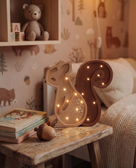 Wooden Squirrel Nursery Night Light - Personalized Brown Handmade Lamp for Kids Children's Animal Lamp Woodland Room Decor Baby Forest Gift