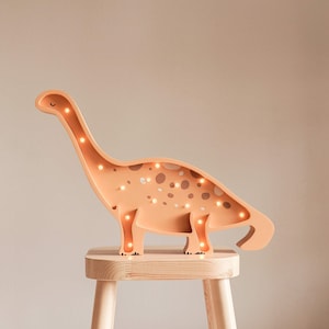 Handmade wooden Dino kids night lamp orange colour