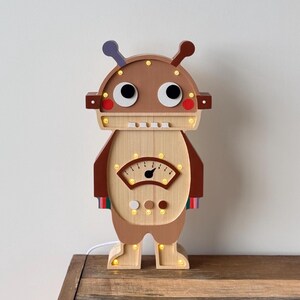 Wooden Robot Night Light, Custom Kids Lamp, Birthday Baby Gift, Robot theme bedroom, Wooden Robot Lamp With Meter, Personalized Gift image 4