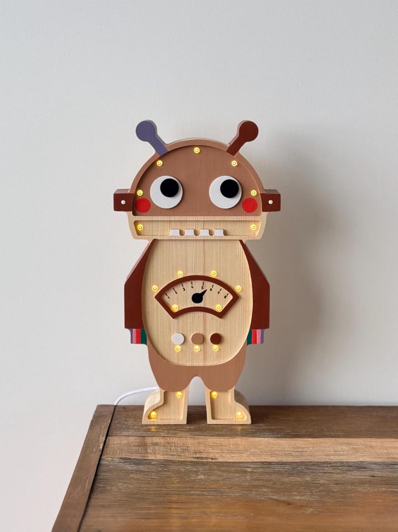 Wooden Robot Night Light, Custom Kids Lamp, Birthday Baby Gift, Robot theme bedroom, Wooden Robot Lamp With Meter, Personalized Gift image 4