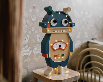 Personalized Wooden Robot Night Light – Handmade Kids Room Lamp, Nursery Decor, Baby Shower Gift, Boys Bedroom Lighting