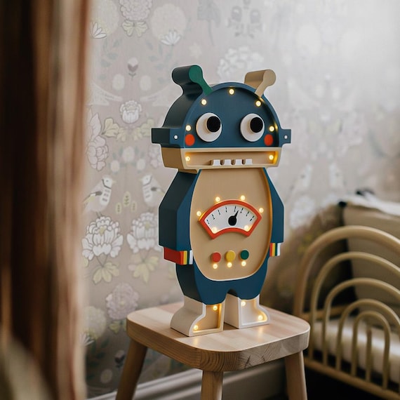 Personalized Wooden Robot Night Light – Handmade Kids Room Lamp, Nursery Decor, Baby Shower Gift, Boys Bedroom Lighting