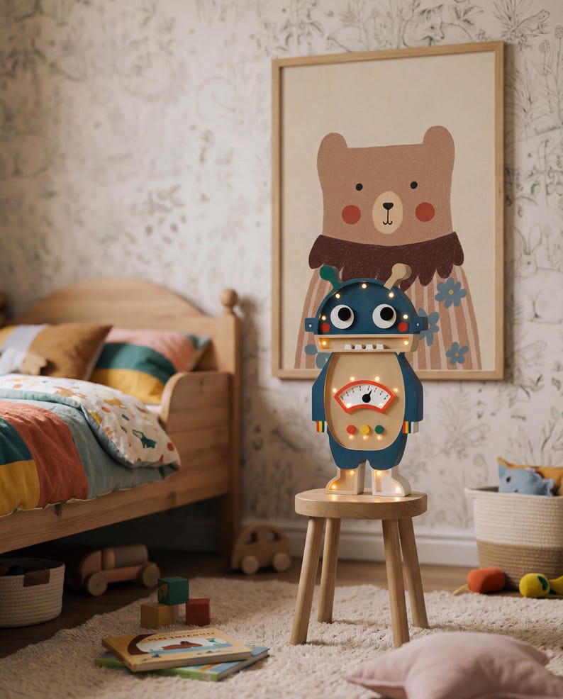 May include: A wooden robot-shaped night light with a blue head and body, standing on a small wooden stool. The night light has a gauge and lights. A framed bear illustration hangs on the wall behind it. A wooden bed and toys are in the background.