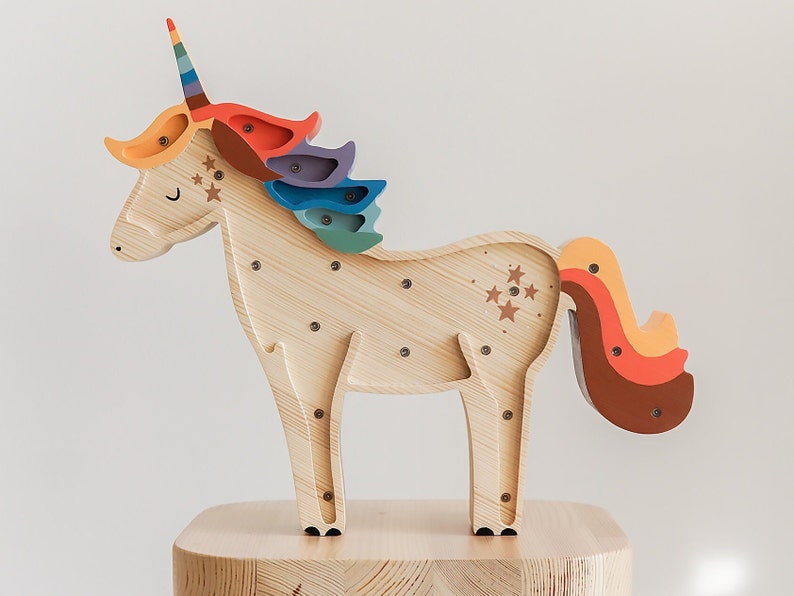 Handmade wooden Unicorn kids lamp, birthday baby gift, baby shower gift, night lamp, nursery decoration, woodland theme image 2