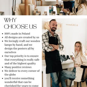 May include: Image featuring a workshop scene with people crafting. Text overlay reads "WHY CHOOSE US" with bullet points about the brand, including "100% made in Poland" and "on Etsy since 2020".