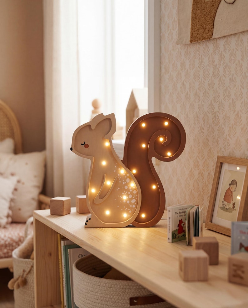 May include: A wooden squirrel-shaped night light with warm white LED lights. The light has a light brown body and a darker brown tail. It sits on a wooden shelf with books and wooden blocks, creating a cozy nursery decor.