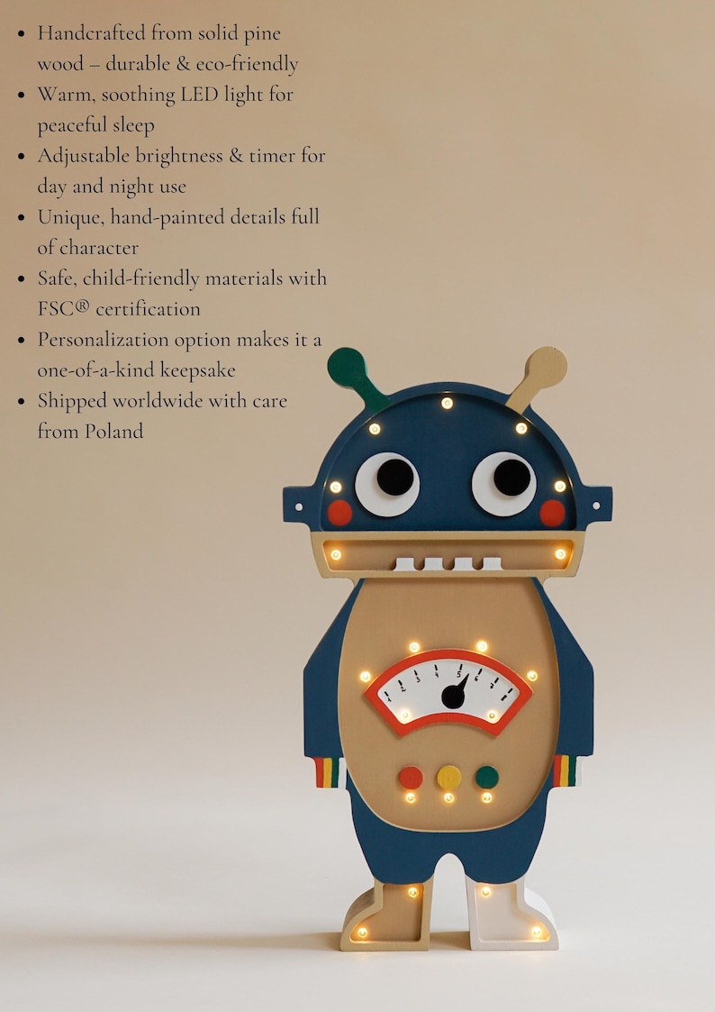 May include: A wooden robot-shaped night light with a blue head and body, beige torso, and white feet. It features a gauge-like design on its chest and emits a warm glow. The robot has two antennae and is hand-painted.