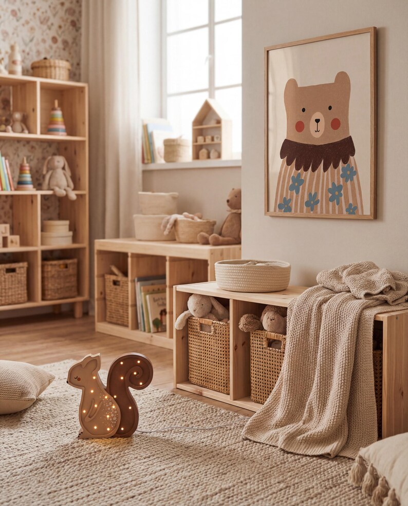 May include: A light-filled nursery with wooden furniture, including a bookshelf and storage unit. A framed bear illustration hangs on the wall. A decorative squirrel-shaped night light sits on the rug. Wicker baskets and soft toys add to the cozy atmosphere.