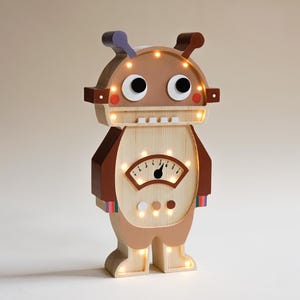 Wooden Robot Night Light, Custom Kids Lamp, Birthday Baby Gift, Robot theme bedroom, Wooden Robot Lamp With Meter, Personalized Gift