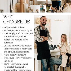 May include: Image of a workshop with people crafting wooden lamps and posters. Text on the left reads "WHY CHOOSE US" with bullet points about the products being made in Poland, designed by the company, and crafted by hand. The Etsy shop has been open since 2020.