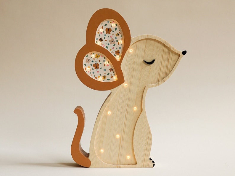 Wooden Mouse lamp, woodland theme, wooden lamp for kids, nursery decoration, baby shower gift, birthday baby gift image 1