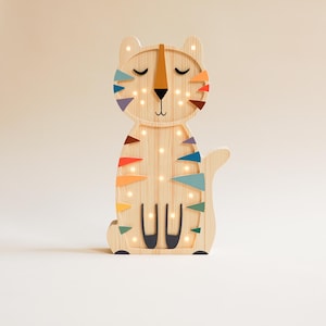 Tiger Wooden Night Light – Handmade LED Kids Room Lamp | Nursery Table Light with Remote, Dimmer & Timer | Unique Baby Shower Gift