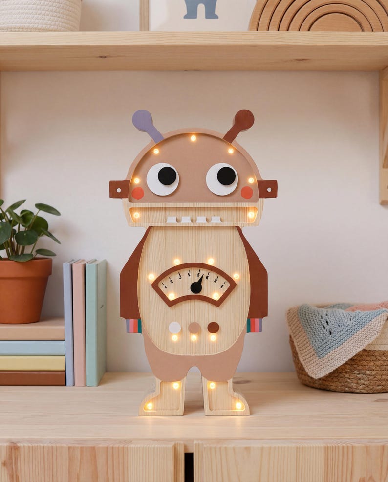 May include: A wooden robot-shaped night light with a light brown body, brown arms, and a light-up face. The robot has a gauge on its chest and small lights throughout. The robot is standing on a wooden surface.