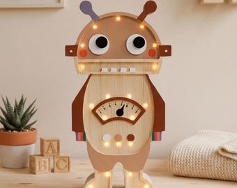 Wooden Robot Night Light, Custom Kids Lamp, Birthday Baby Gift, Robot theme bedroom, Wooden Robot Lamp With Meter, Personalized Gift