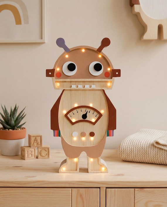 Wooden Robot Night Light, Custom Kids Lamp, Birthday Baby Gift, Robot theme bedroom, Wooden Robot Lamp With Meter, Personalized Gift