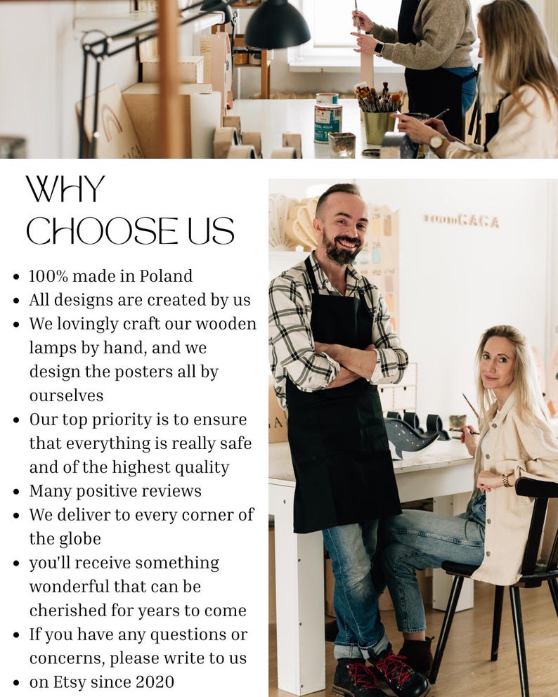 Op de afbeelding: Afbeelding van een werkplaats met mensen die houten lampen en posters maken. De tekst "WHY CHOOSE US" is zichtbaar, gevolgd door opsommingstekens die de waarden van het merk benadrukken, waaronder productie in Polen en Etsy sinds 2020.