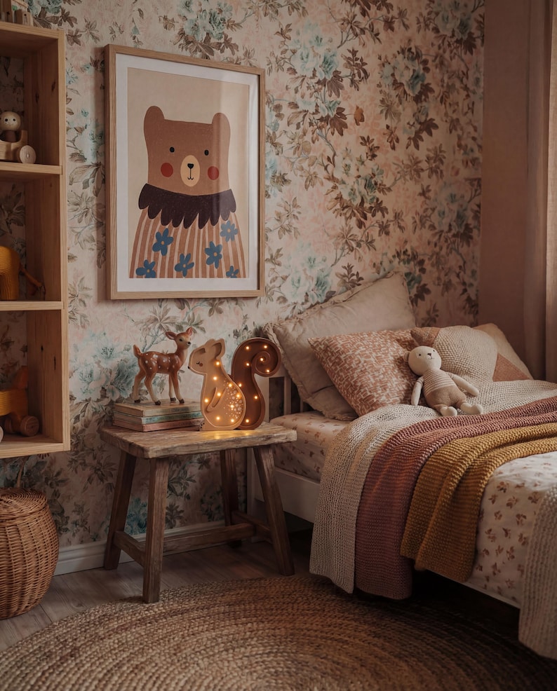 May include: A children's bedroom scene featuring a framed bear illustration, a wooden side table with a deer figurine and a squirrel-shaped night light. The bed has a floral patterned duvet and a knitted throw. A woven basket and a round jute rug complete the decor.