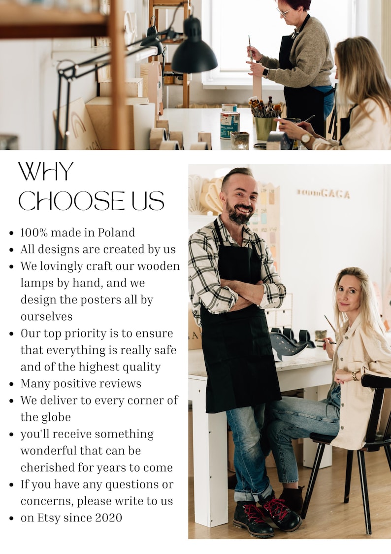 May include: Image featuring a workshop scene with people crafting. Text overlay reads "WHY CHOOSE US" with bullet points about the brand, including "100% made in Poland" and "on Etsy since 2020".