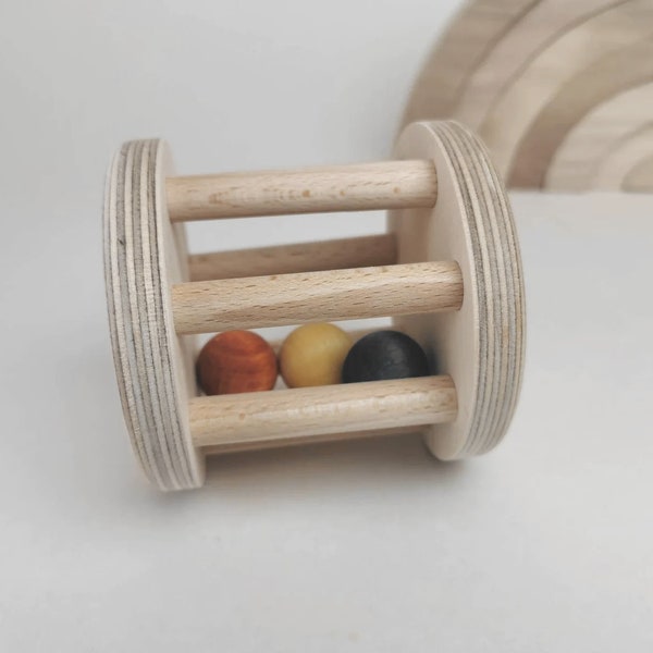 Roll-Rassel aus Buchenholz, Holzrassel, Montessori Spielzeug, Rassel für Babys, handmade