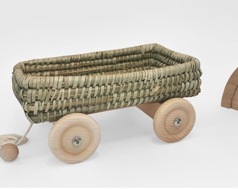 Nachzieh Wagen, Korbwagen, Bücherwagen, Montessori Spielzeug, Rollwagen, Wägelchen, Spielzeugwagen, Lauflernwagen, Seegras Korb, Geschenk