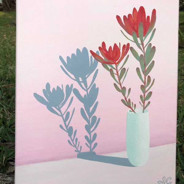 Dispel. Hand painted original still life painting of a Leucadendron conebush protea flower in turquoise vase with its shadow on a pink wall.