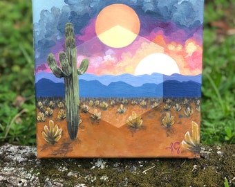 Portal. Original hand painted canvas painting of a desert landscape. Surrealist sunset, geometric hexagon, colorful clouds, and cacti.