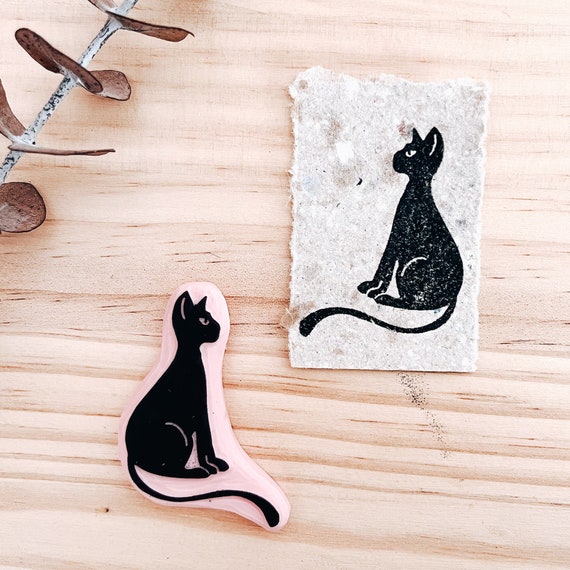 Cute Cat Stamp for Stationery, Cat Rubber Stamp, Black Cat Stamp. 
