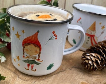 Elf Girl Personalised Enamel Mug, Christmas Mug, Customised Christmas Gift, Hot Chocolate Mug, Gift For Children, Christmas Eve Box