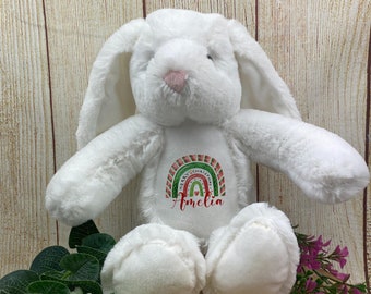Personalised Christmas Teddy- White Bunny, Soft Toy, Christmas Gift Son, Daughter, Kids, Custom Cuddly Toy, First Christmas, Stocking Filler