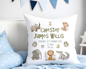 New Baby Personalised Cushion, New Baby Gift, Cute Jungle Animals Nursery Cushion, Personalised Boys Cushion, Baby Boy Gift, Safari Decor