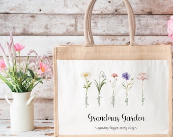Personalised Grandmas Garden, Jute Bag, Grandma Personalised Bag, Mother's Day Gift, Nan Gift, Mummy Gift, Custom Bag, grandkids