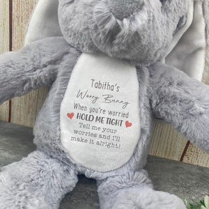 Op de afbeelding: Een grijze pluche konijn met lange oren. Het konijn heeft een witte patch op de borst met de tekst "Tabitha's Worry Bunny" en de zinnen "When you're worried HOLD ME TIGHT" en "Tell me your worries and I'll make it alright!"