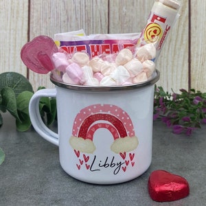 Personalised Rainbow Enamel Mug, Valentines Day Mug, Sweet Gift Mug, Childrens mug, Gift for Kids, Galentines day gift, lockdown gift image 1